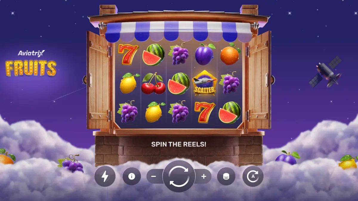 Interface do jogo Aviatrix Fruits com símbolos clássicos e elementos de aviação