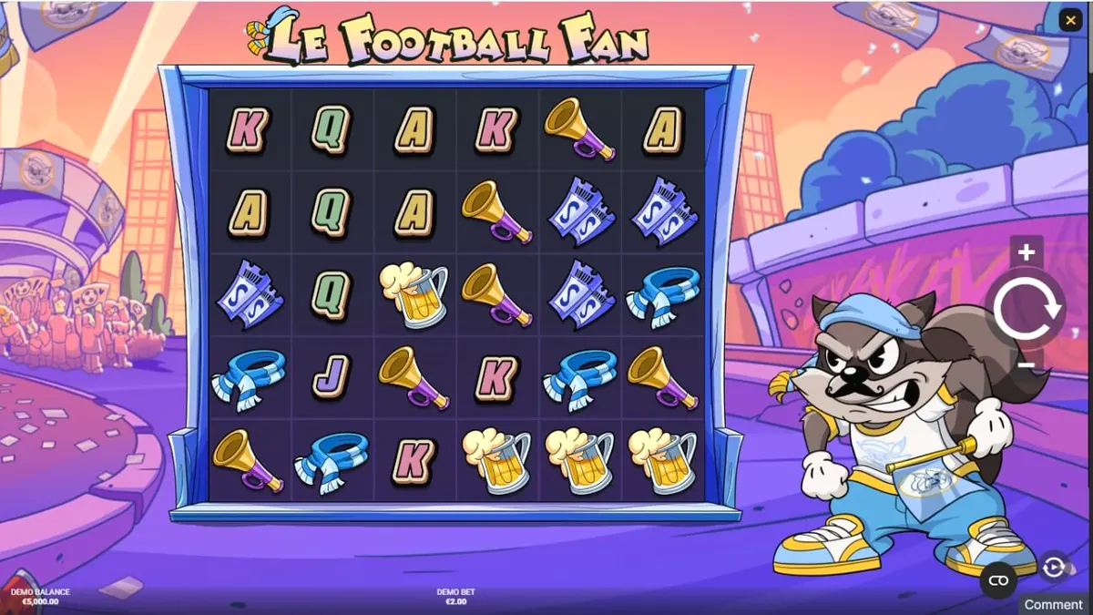 Interface do jogo Le Football Fan em um dispositivo móvel mostrando o mascote guaxinim e o grid de jogo.