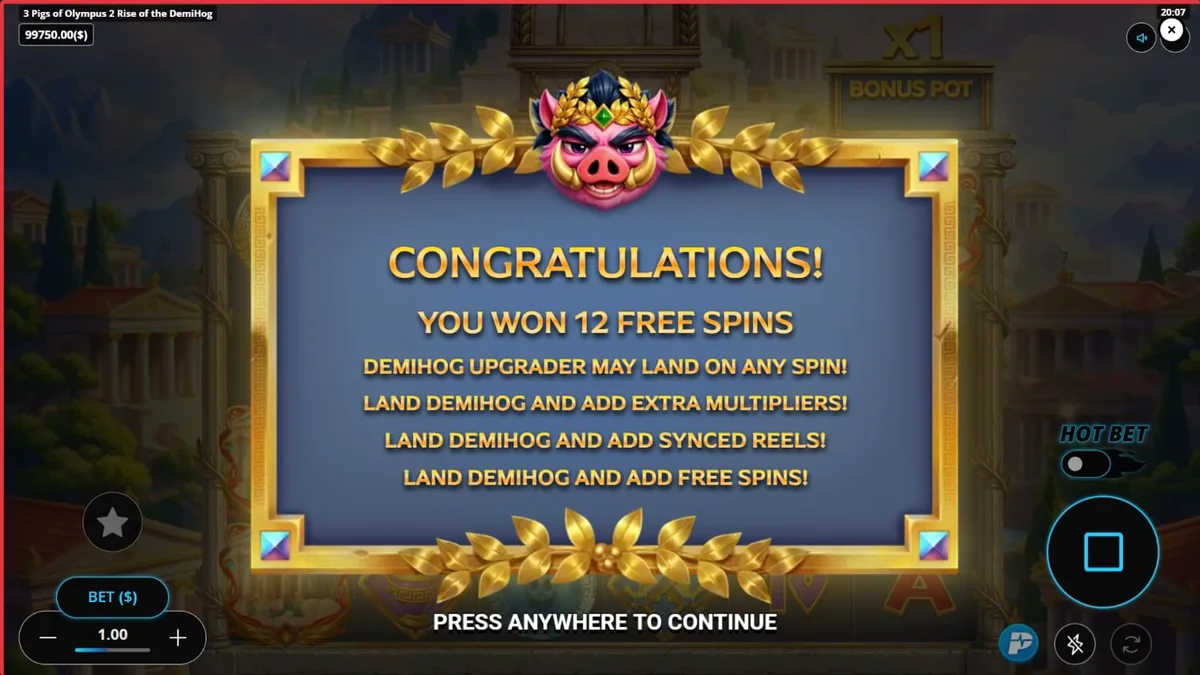 3 Pigs of Olympus 2 Rise of the DemiHog slot machine interface
