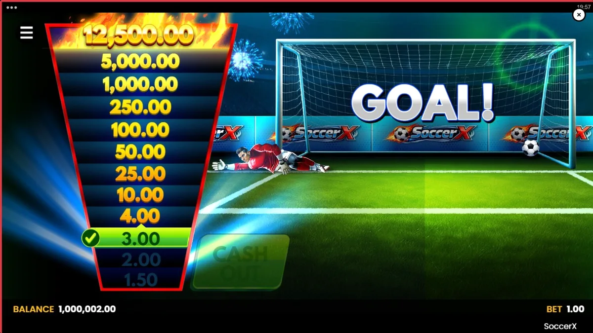 Interface do jogo SoccerX mostrando o campo de futebol e a escada de multiplicadores.