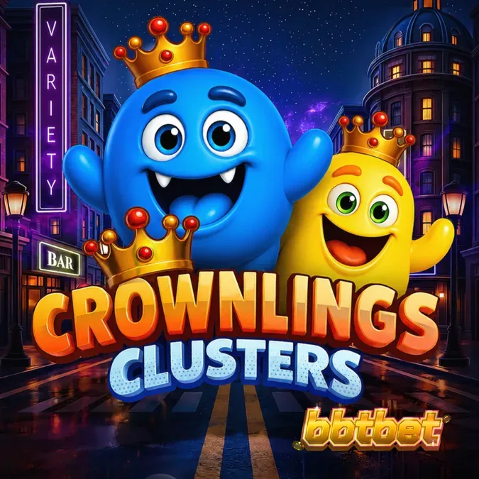 Interface colorida e vibrante do slot Crownlings Clusters com criaturas blob no grid 5x5