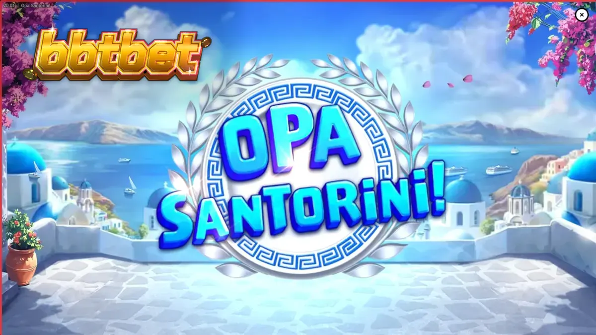 Vista panorâmica de Santorini com o jogo Opa Santorini em destaque